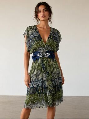 Andree Intricate Green & Blue Printed Midi Dress Chic Touch of Boho Elegance